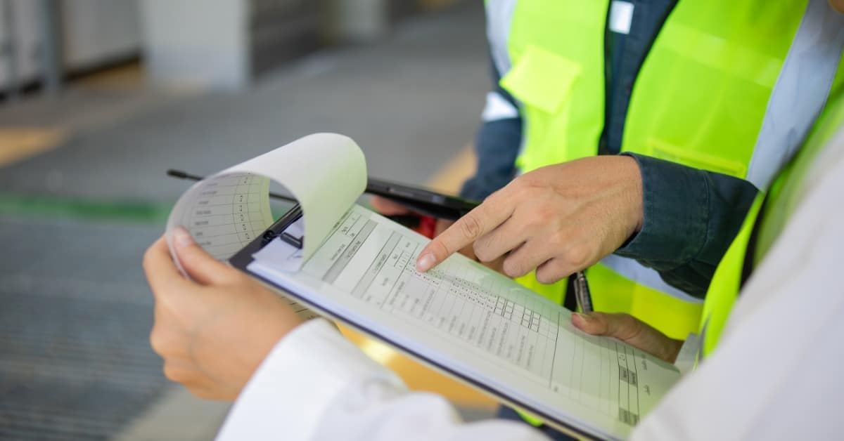 A close-up of a worker in a high-visibility vest pointing to a document on a clipboard held by another worker.