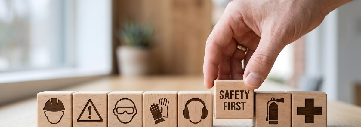 A close-up of a set of wooden blocks with various icons, with a hand pulling out one that reads "SAFETY FIRST."