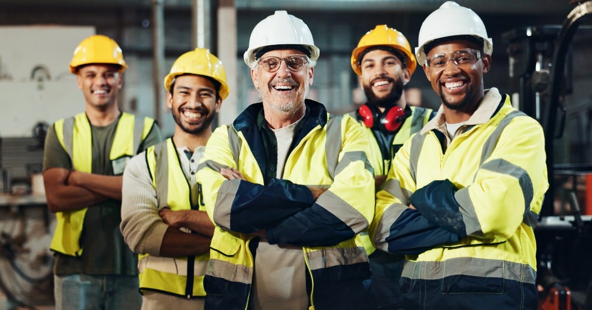 A portrait of six men of various ages and ethnicities in high-visibility jackets and vests, smiling and laughing.