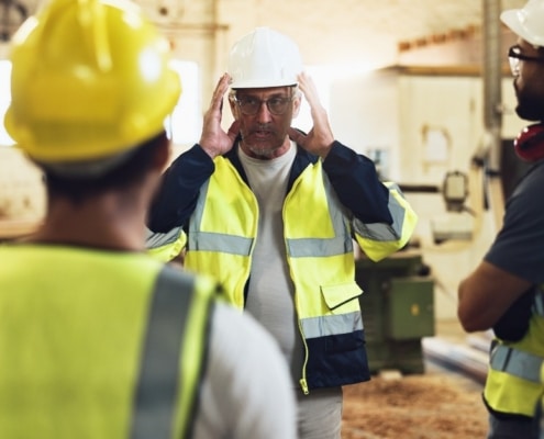 A group of men in high-visibility vests and hard hats is standing in a circle while a man touches his white helmet.