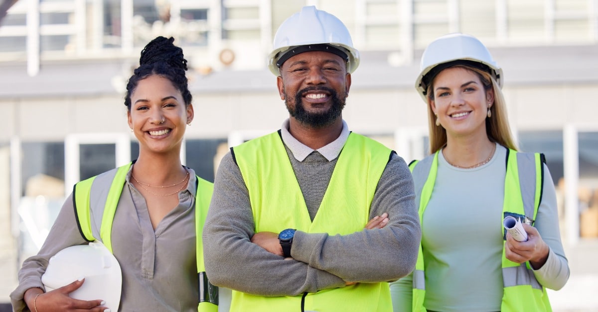 A group of two women and one man wearing high-visibility vests and hard hats standing and smiling at the viewer.
